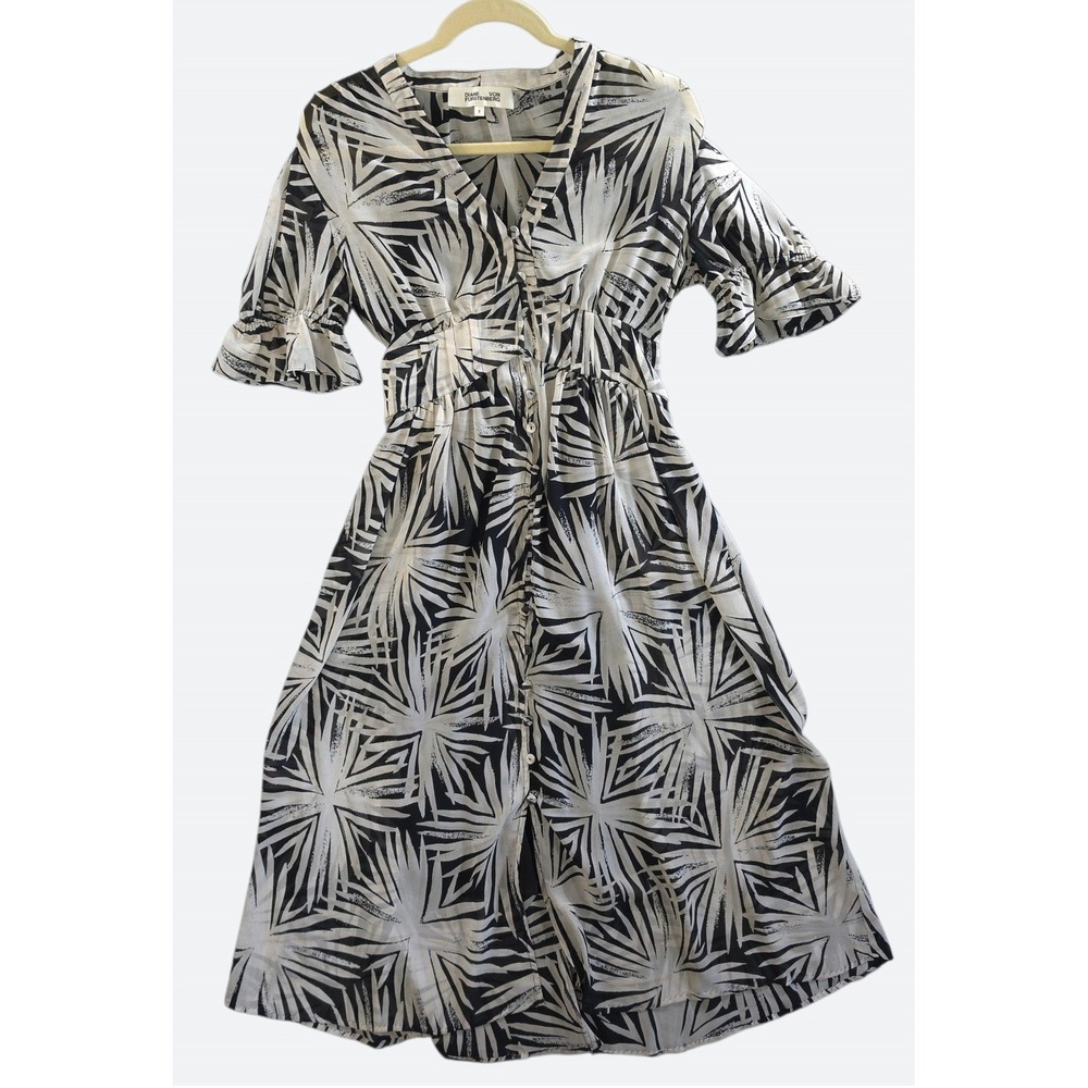 Diane Von Furstenberg Resort Palm Print Midi Dress 8 Chiffon Boho Tropical Black